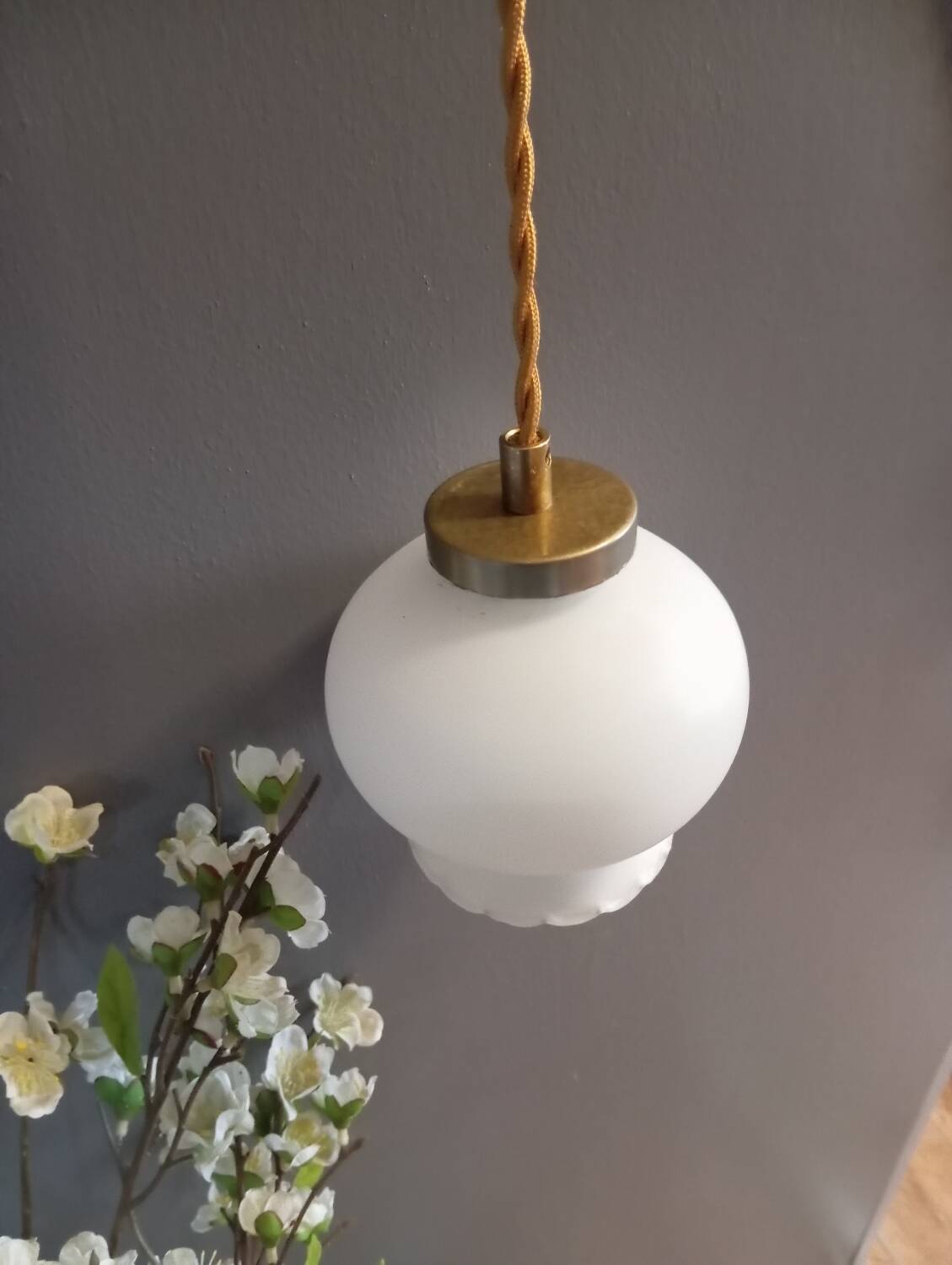 White opal curved glass hanging lamp, art deco style