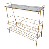 Vintage golden metal magazine rack and glass tray from the 1950s.
