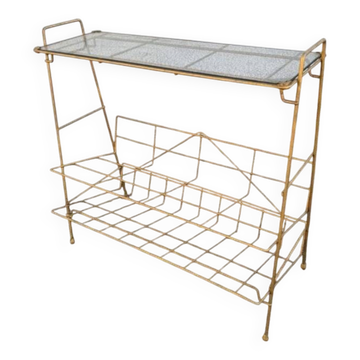 Vintage golden metal magazine rack and glass tray from the 1950s.