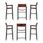 Jeu de 6 tabourets de bar artisanaux c. dossier en cuir cognac, caoutchouc noir, structure métallique
