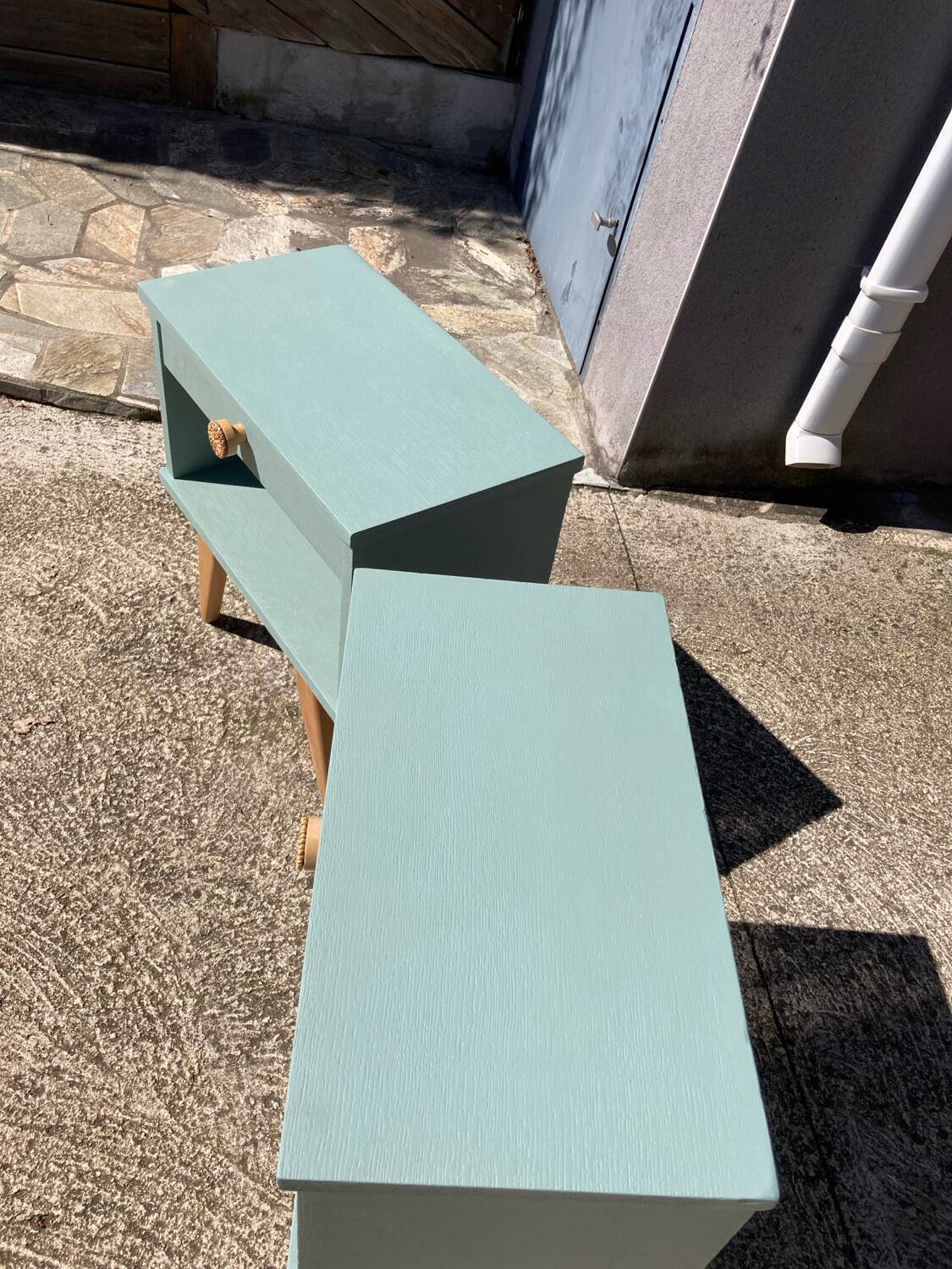 Pair of vintage bedside tables with compass feet/green