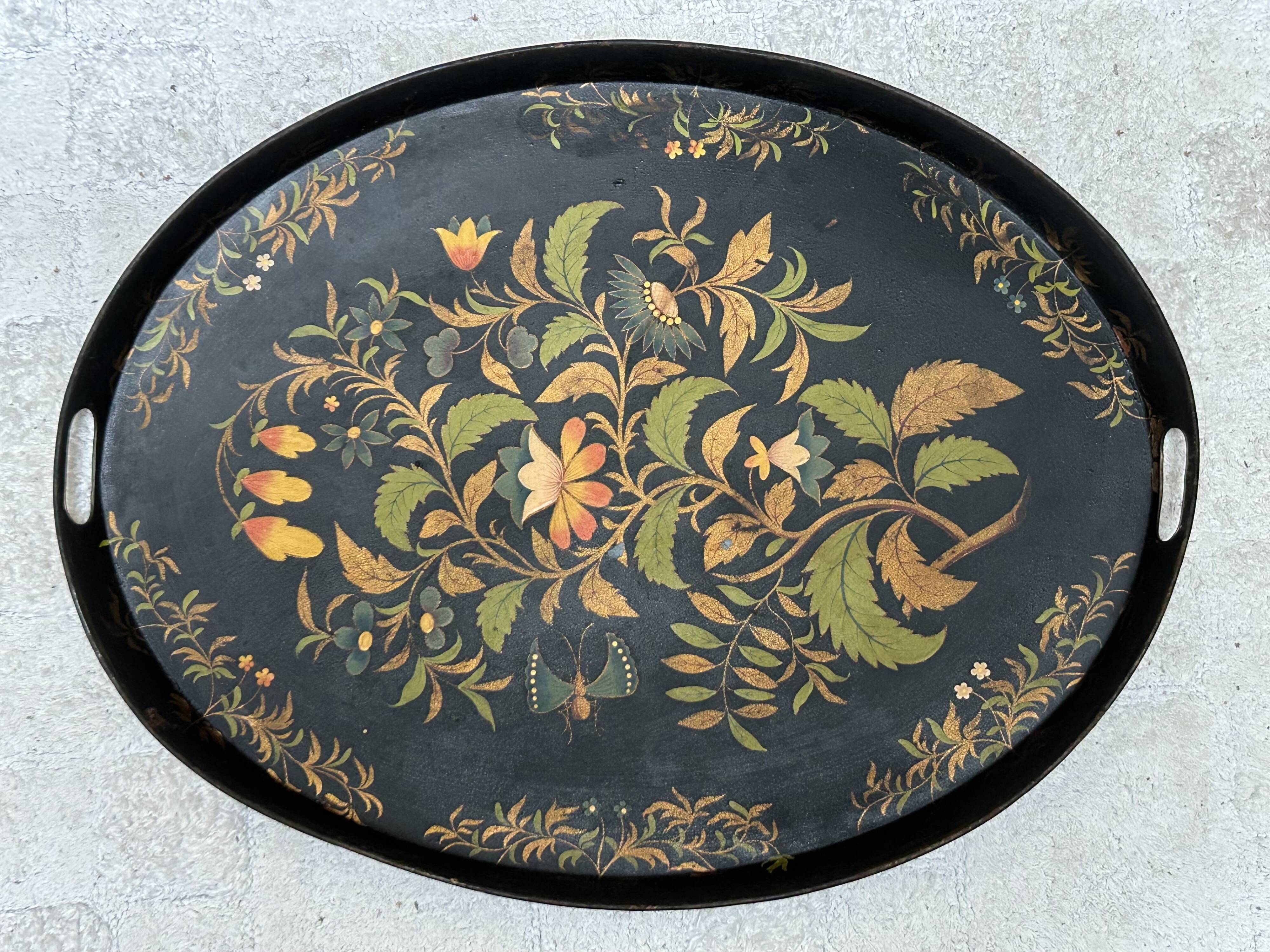 Oval tray, 19th century, hand-painted sheet metal, butterfly & bouquet, Napoleon III