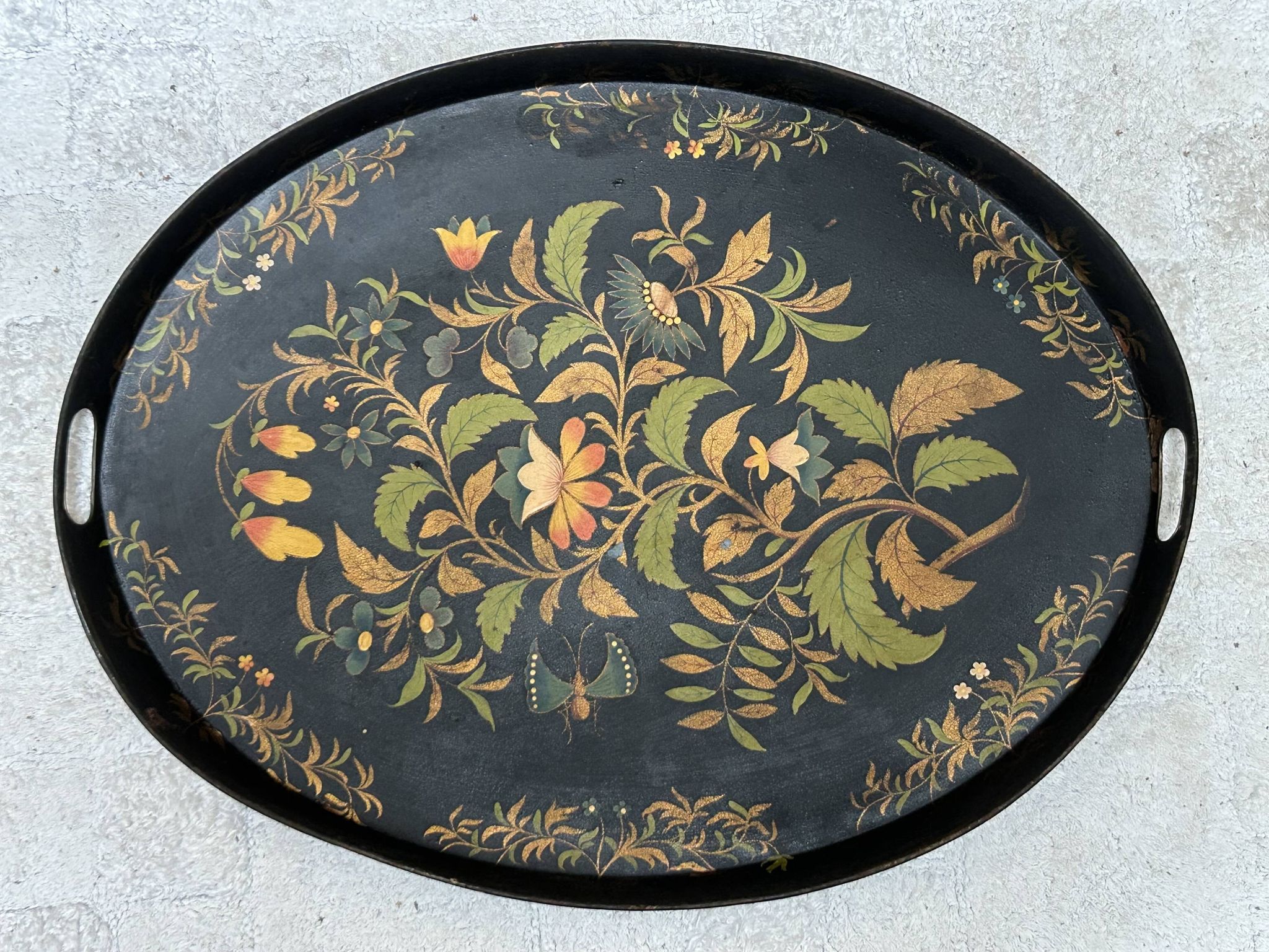 Oval tray, 19th century, hand-painted sheet metal, butterfly & bouquet, Napoleon III
