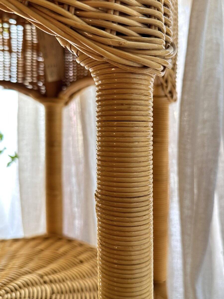 Vintage hexagonal rattan side table with original label, 1980.
