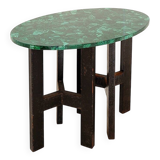 Console table with malachite top on double tripod base in black metal