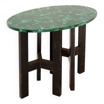 Console table with malachite top on double tripod base in black metal