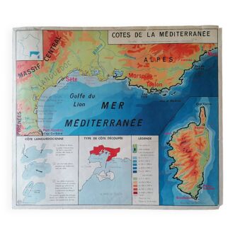 Ancienne carte scolaire MDI : Côtes de la méditerranée-Hydrographie de la France.