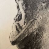 Signed charcoal painting female portrait “in the shadow“