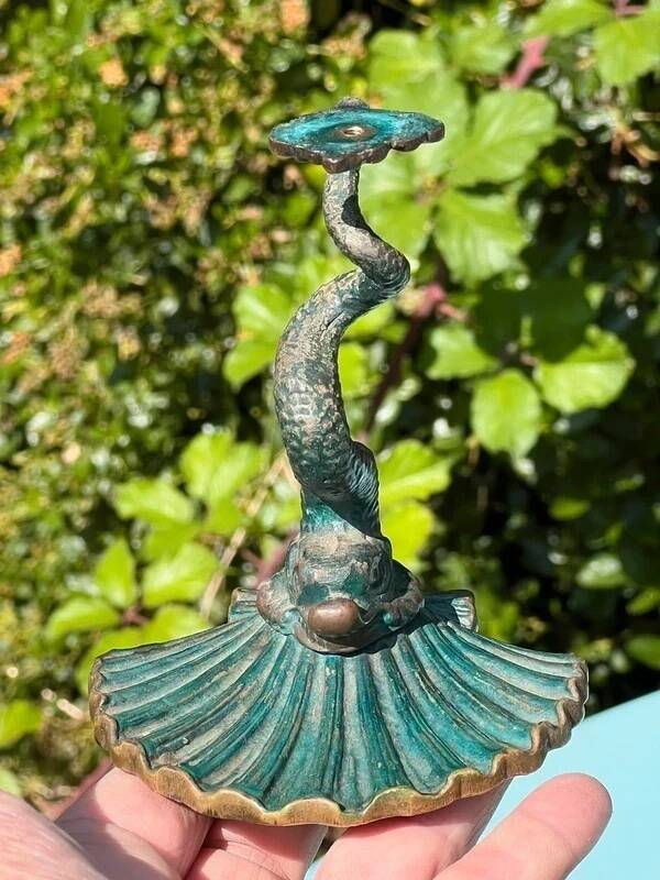 Antique candlestick base – stylised marine fish in patinated bronze