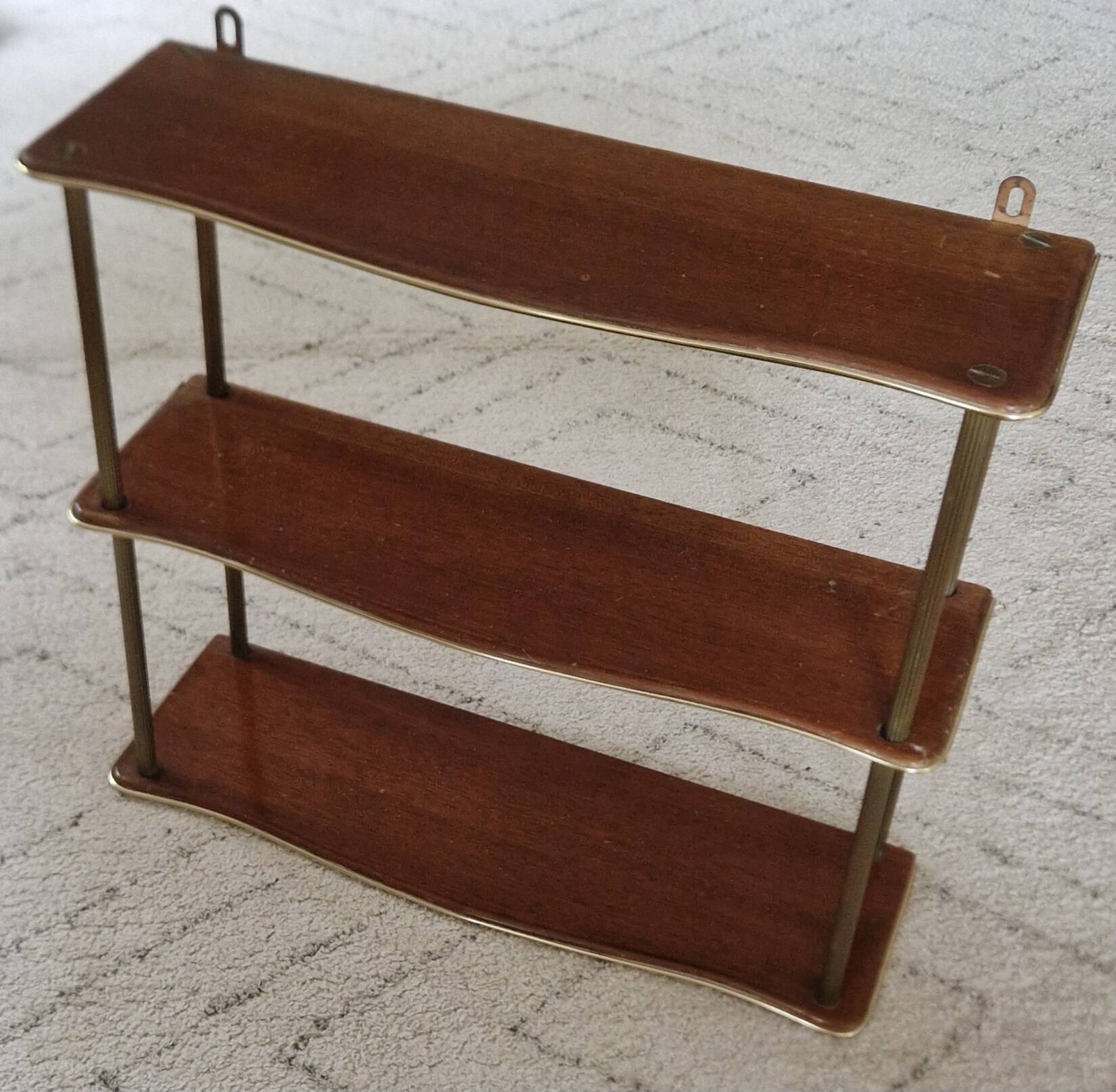 1950s wood and brass wall shelf