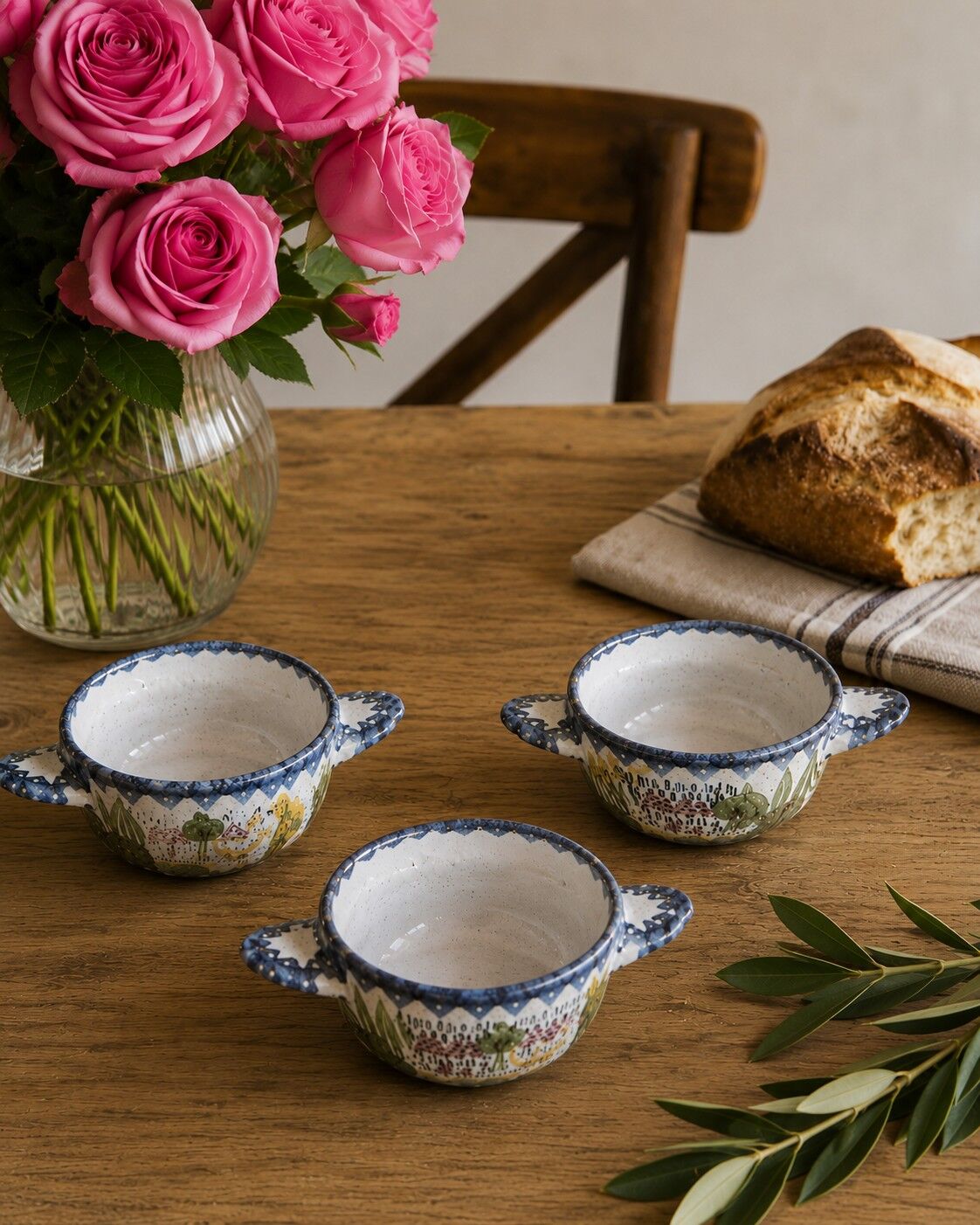5 mini earthenware bowls from Charolles decorated with a village and rooster.