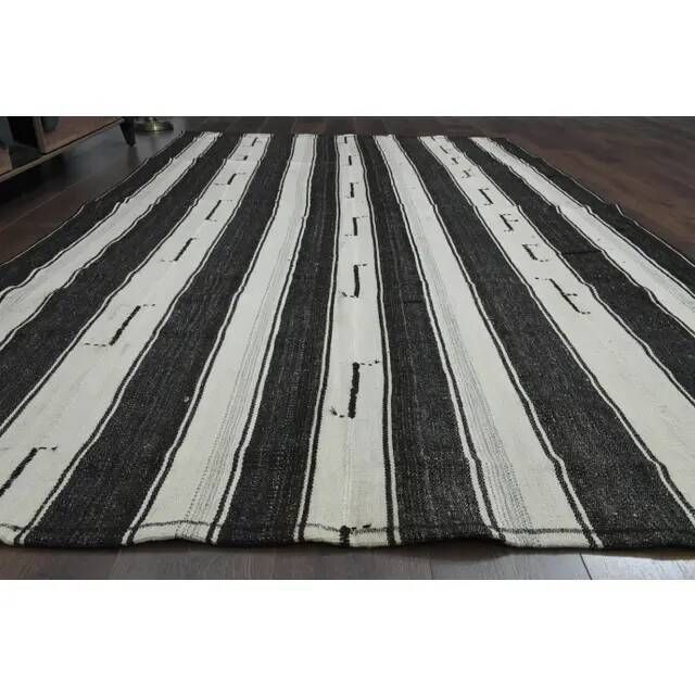 Black Beige Kilim Handmade Wool Antique Area Rug 186x291
