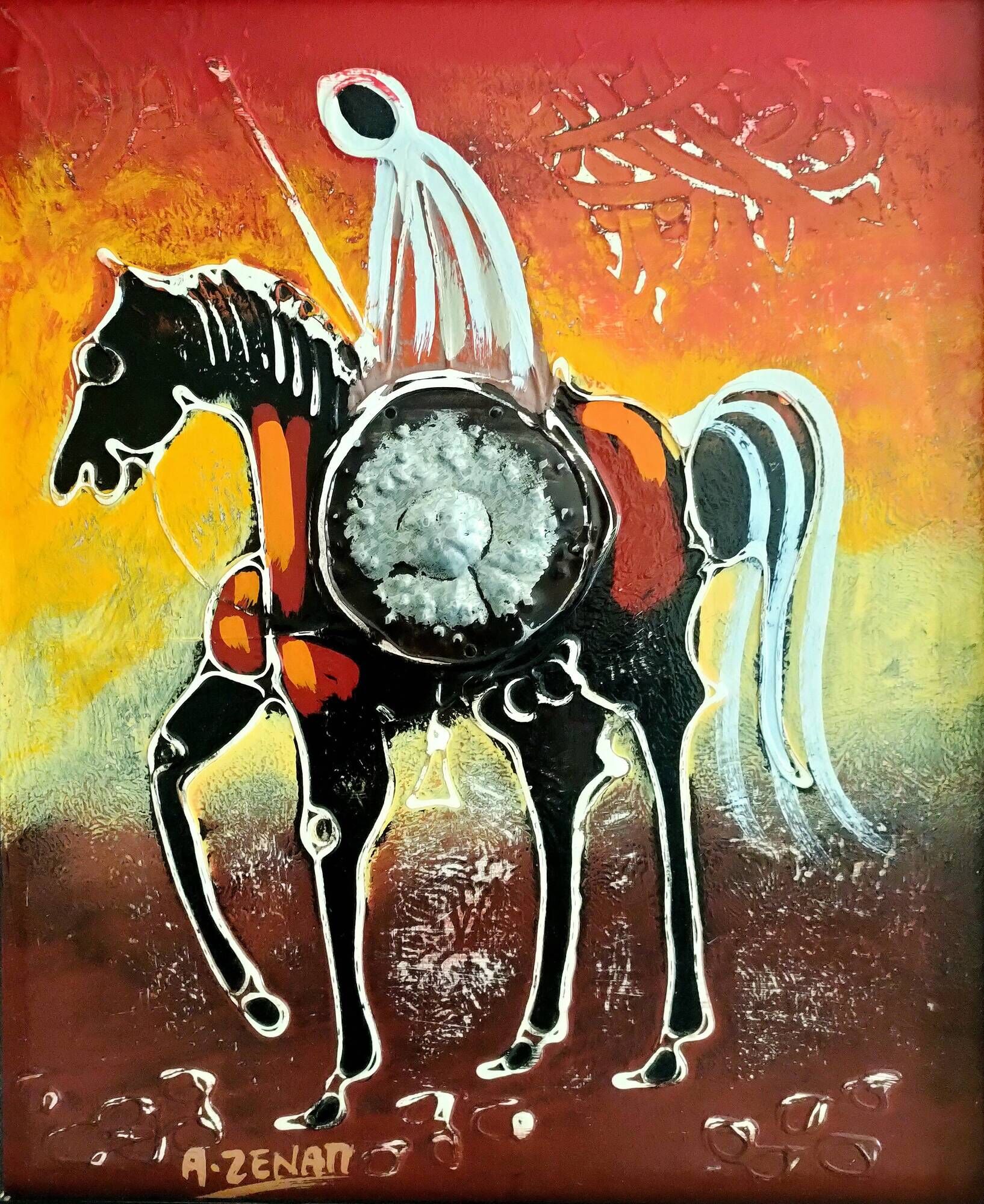 Painting signed A. ZENATI (Abderrahmane, 1943) – Oil on wood panel – Cavalier Fantasia