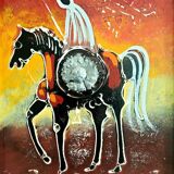 Painting signed A. ZENATI (Abderrahmane, 1943) – Oil on wood panel – Cavalier Fantasia