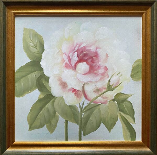 Tableau HST ''Rose en fleur et bourgeons'' avec cadre