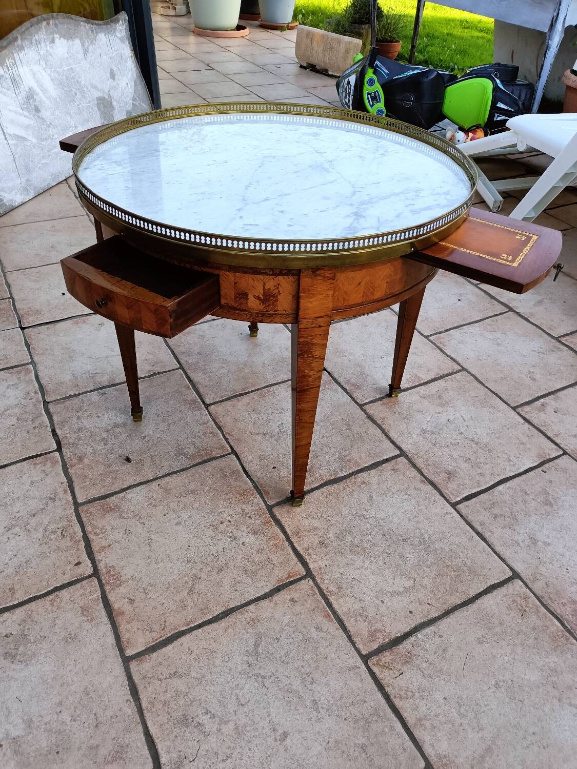 Antique Louis XVI style hot water bottle table with marble top