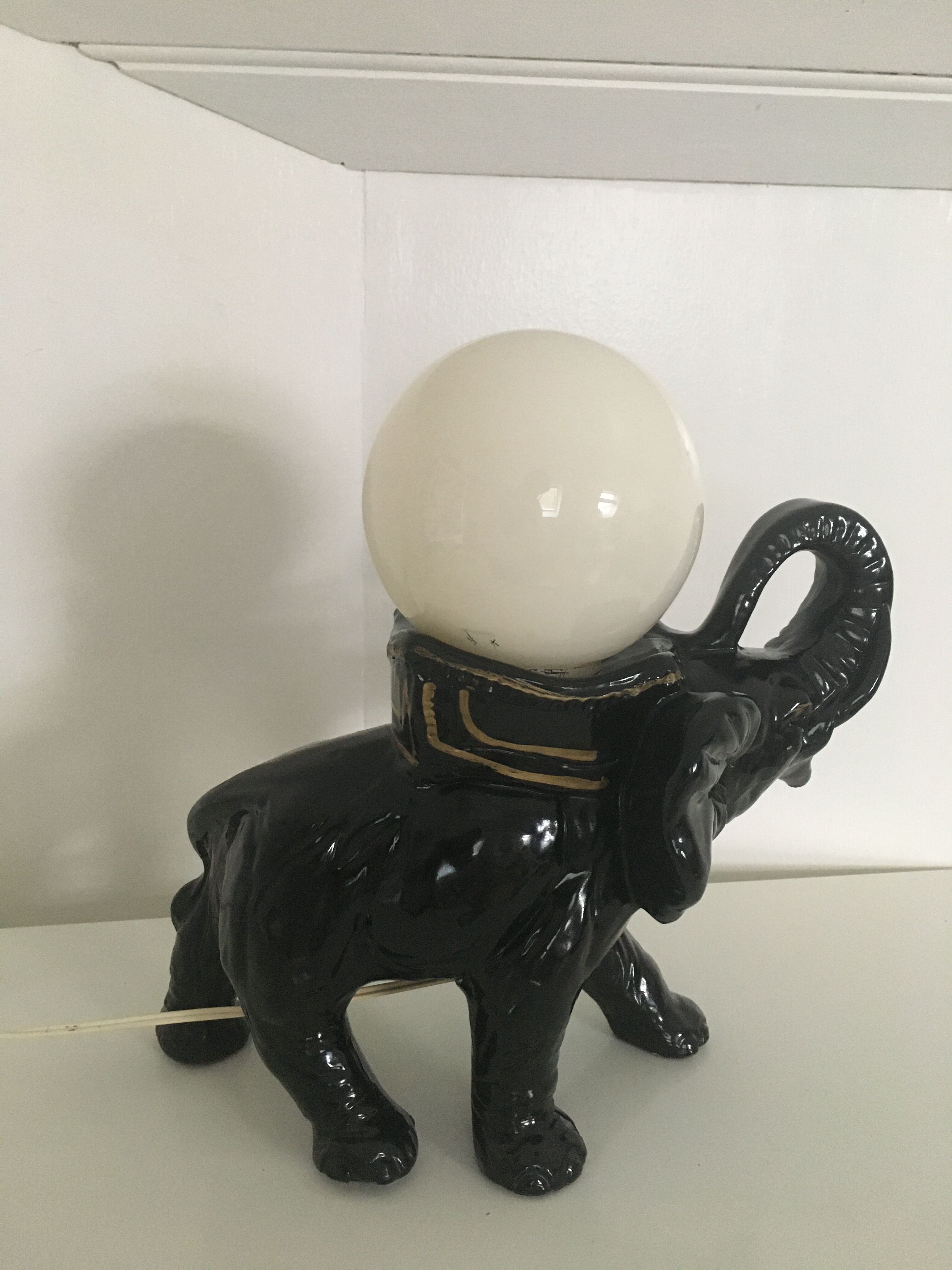 Black ceramic elephant lamp and white opaline ball 1970