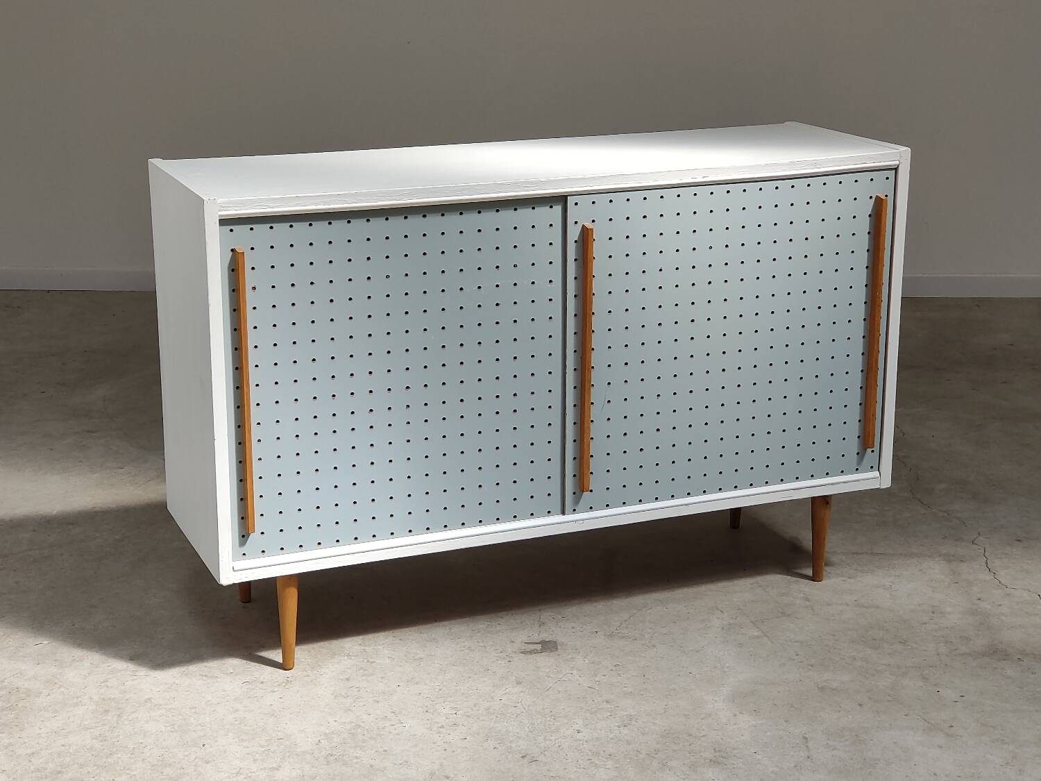 Blue and white chest of drawers by Drevopodnik Brno 1960