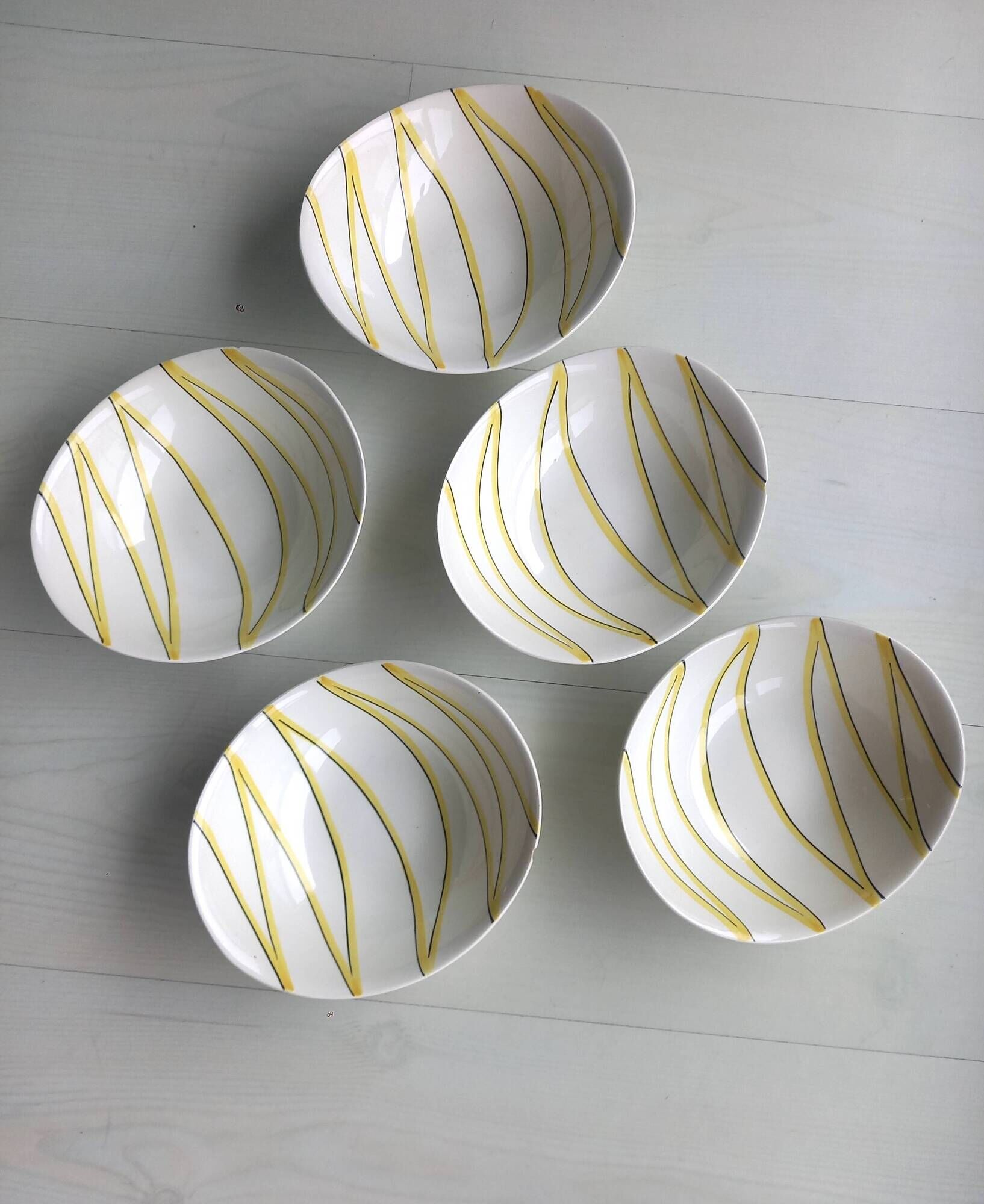 1950 SALINS service Aurore model yellow and black striped soup plates dish ravier