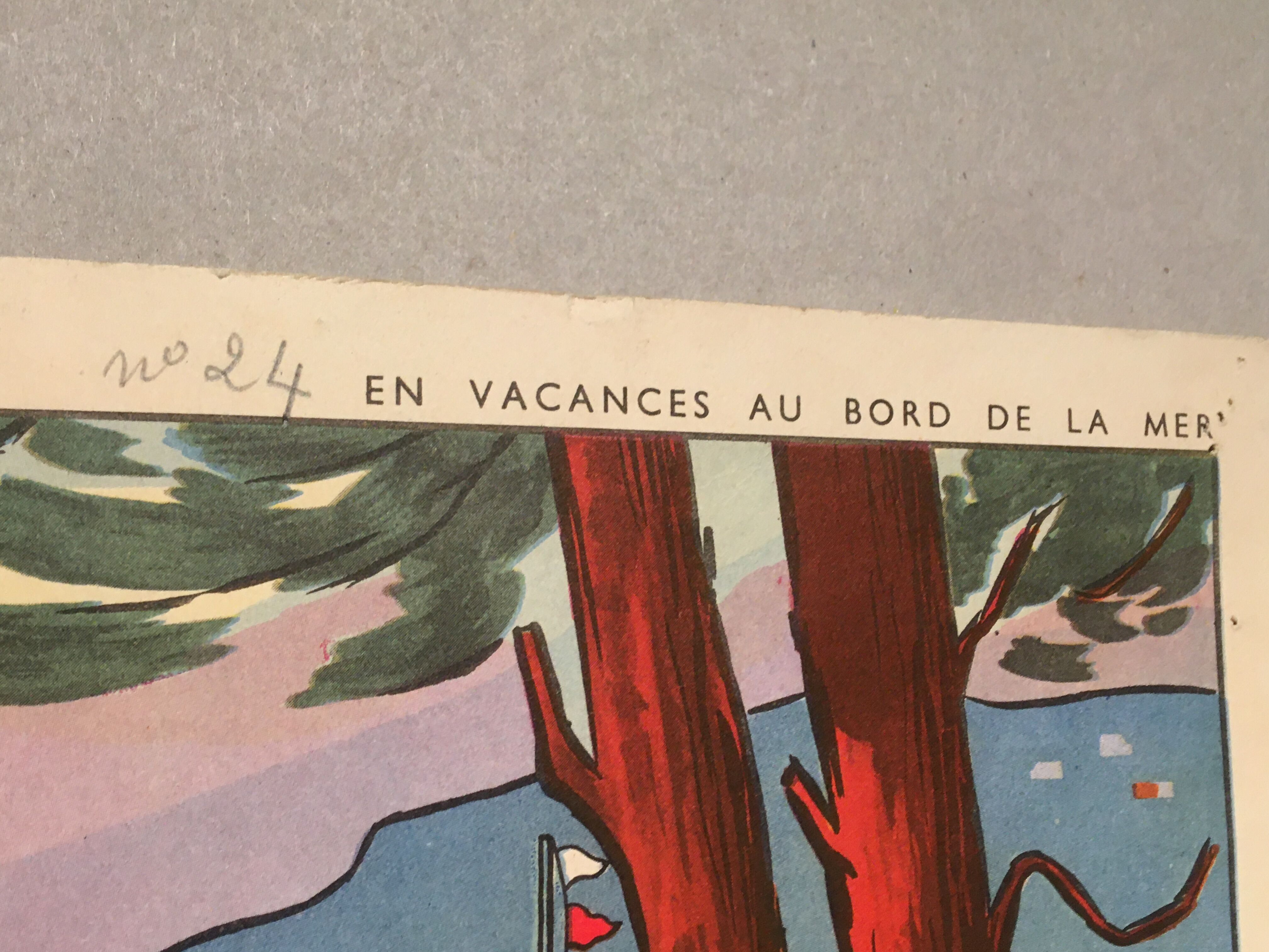 Affiche scolaire école vintage scène de vie recto « Les bohémiens" verso "Vacances au bord de la mer" pour Rossignol années 50