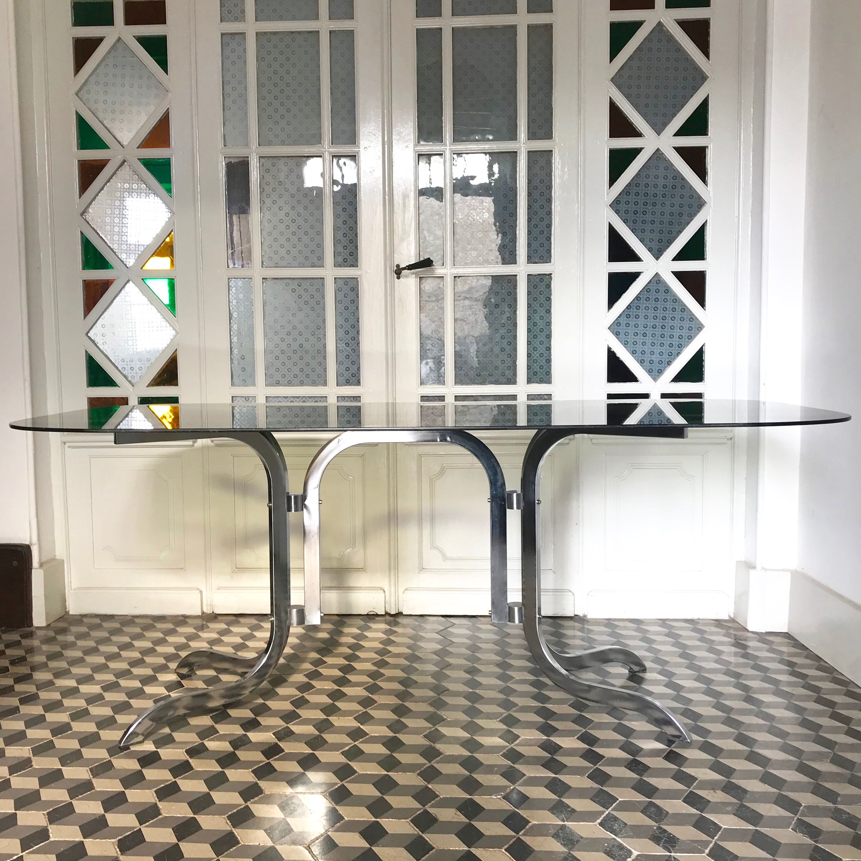 Vintage dining table in green smoked glass