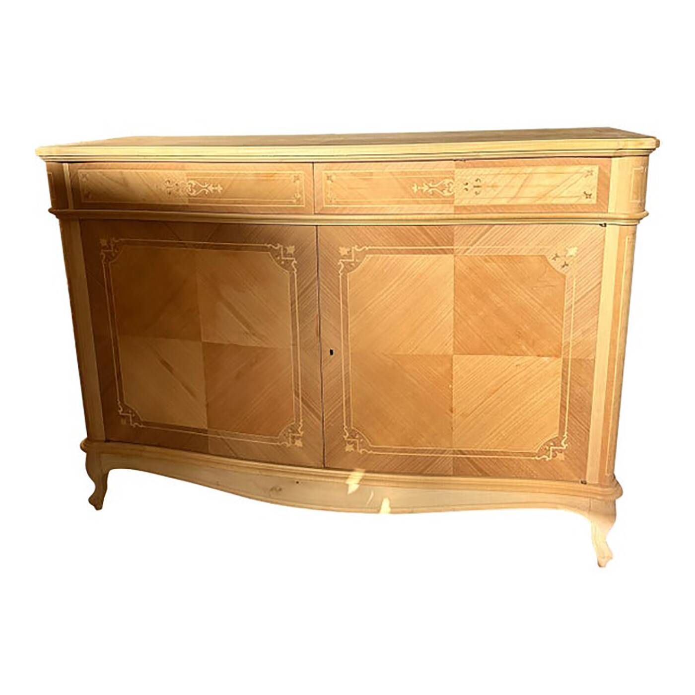 Buffet contemporain italien en noyer naturel avec incrustations de cerisier