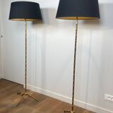 Pair of parquet floor lamps in faux-bamboo style in bronze and brass by Jacques Adnet.