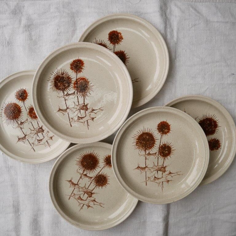 Set of 6 dessert plates in Sarreguemines sandstone, thistle pattern