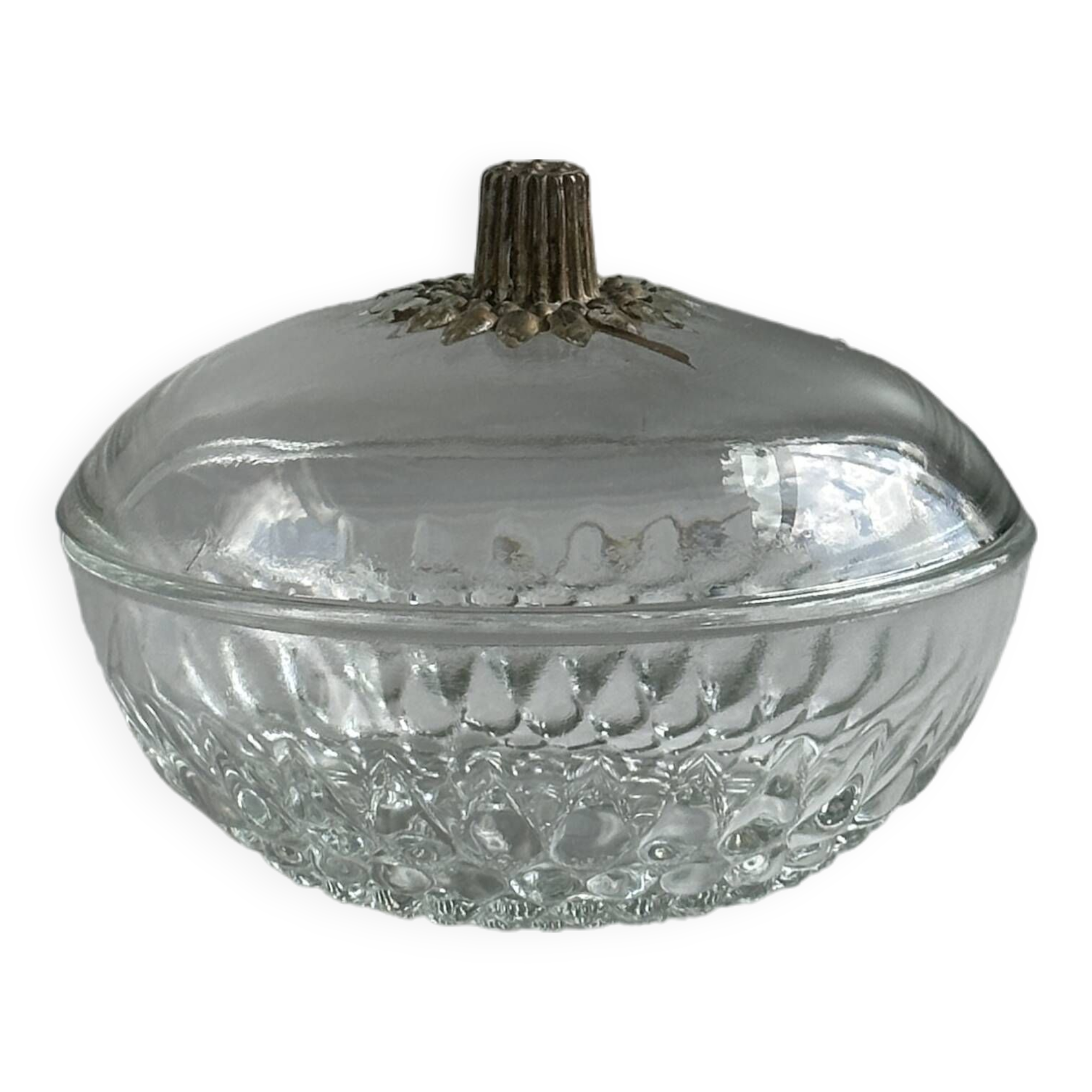 Sugar bowl box with glass lid floral decoration.