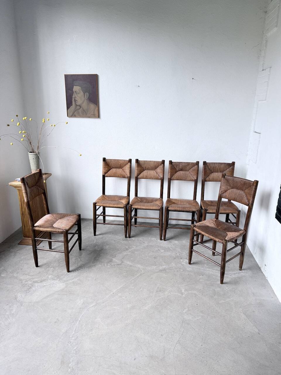 Set of 6 straw and oak Beauche chairs.