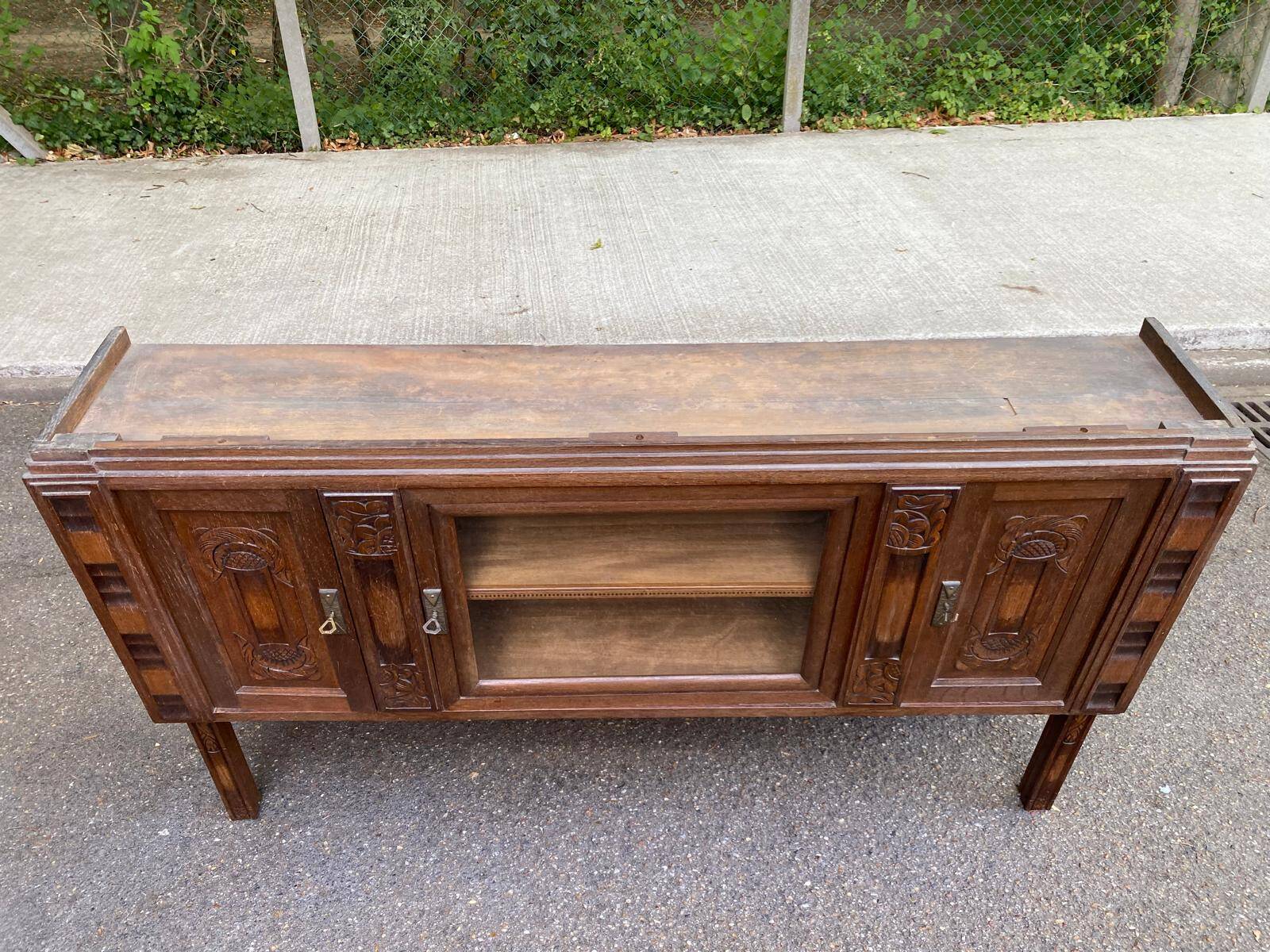 Haut de buffet art déco vitrine basse en bois massif et miroir 1920