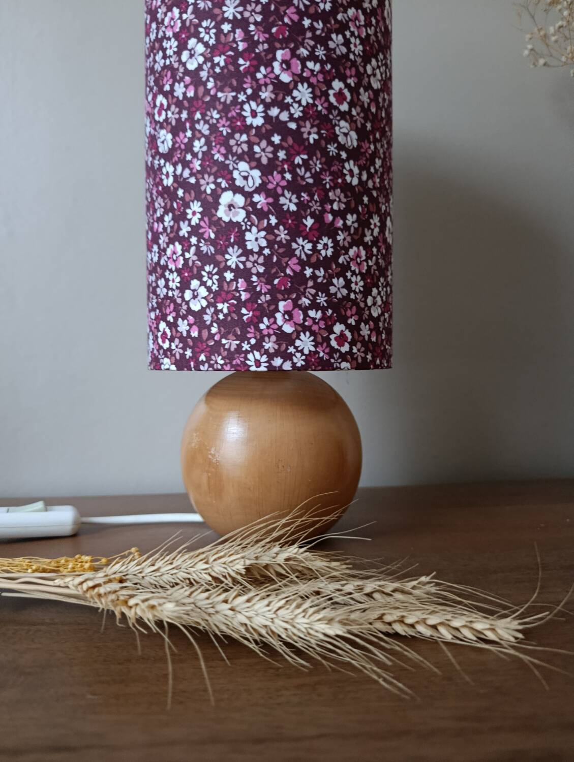 vintage round wooden lamp, lampshade with small Liberty flowers