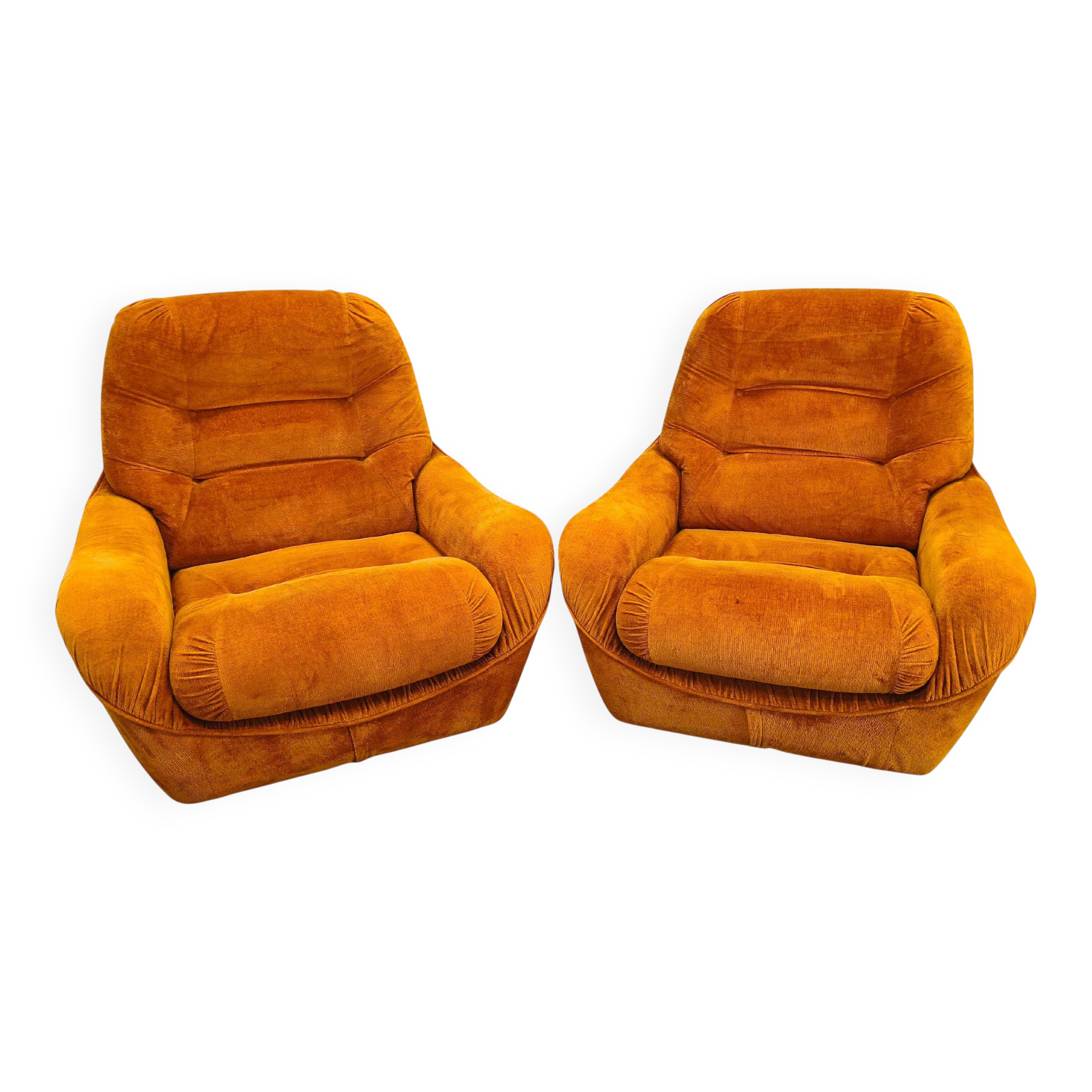 Pair of Italian Space Age Lounge Chairs, Orange Upholstery, 1970s