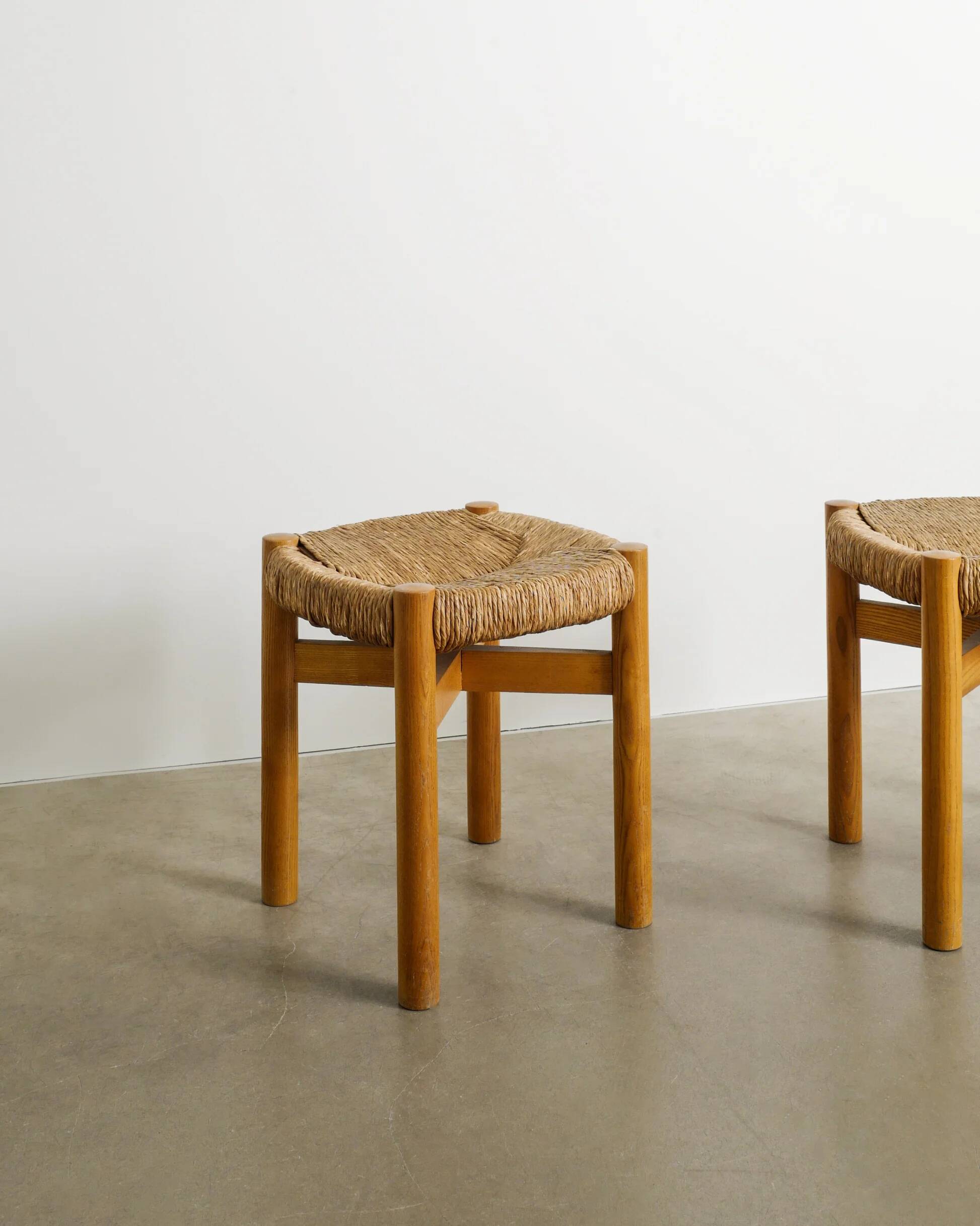 Pair of French Mid Century Wooden Meribel Stools by Charlotte Perriand 1960