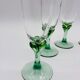 6 vintage champagne flutes, green stem, France