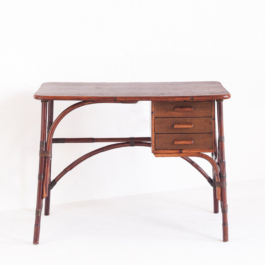 Bureau vintage en rotin et bois à tiroirs France années 1960