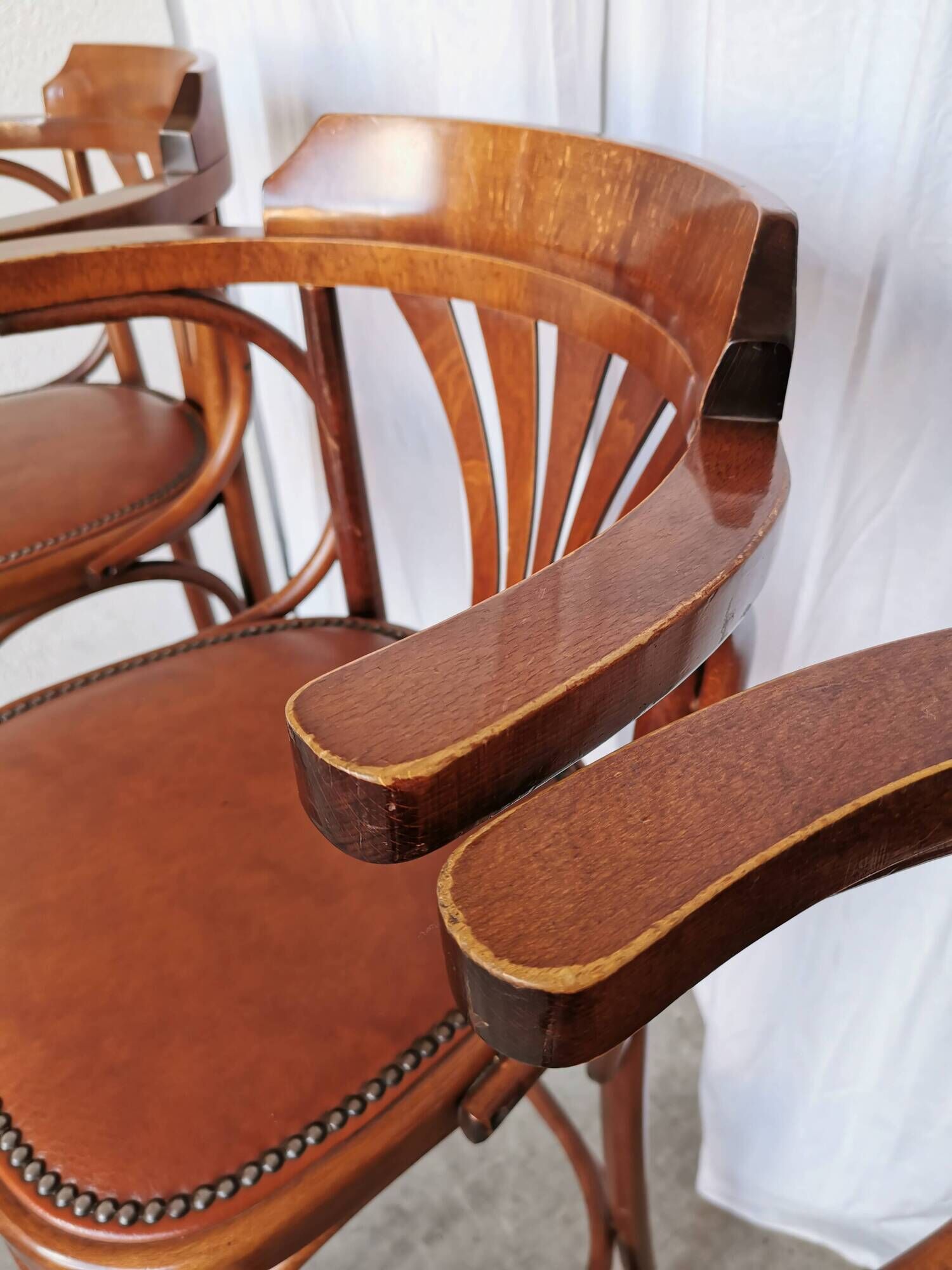 Set of 4 Vintage Bentwood Bar Stools, Brown Leather Seat, Nailhead Trim