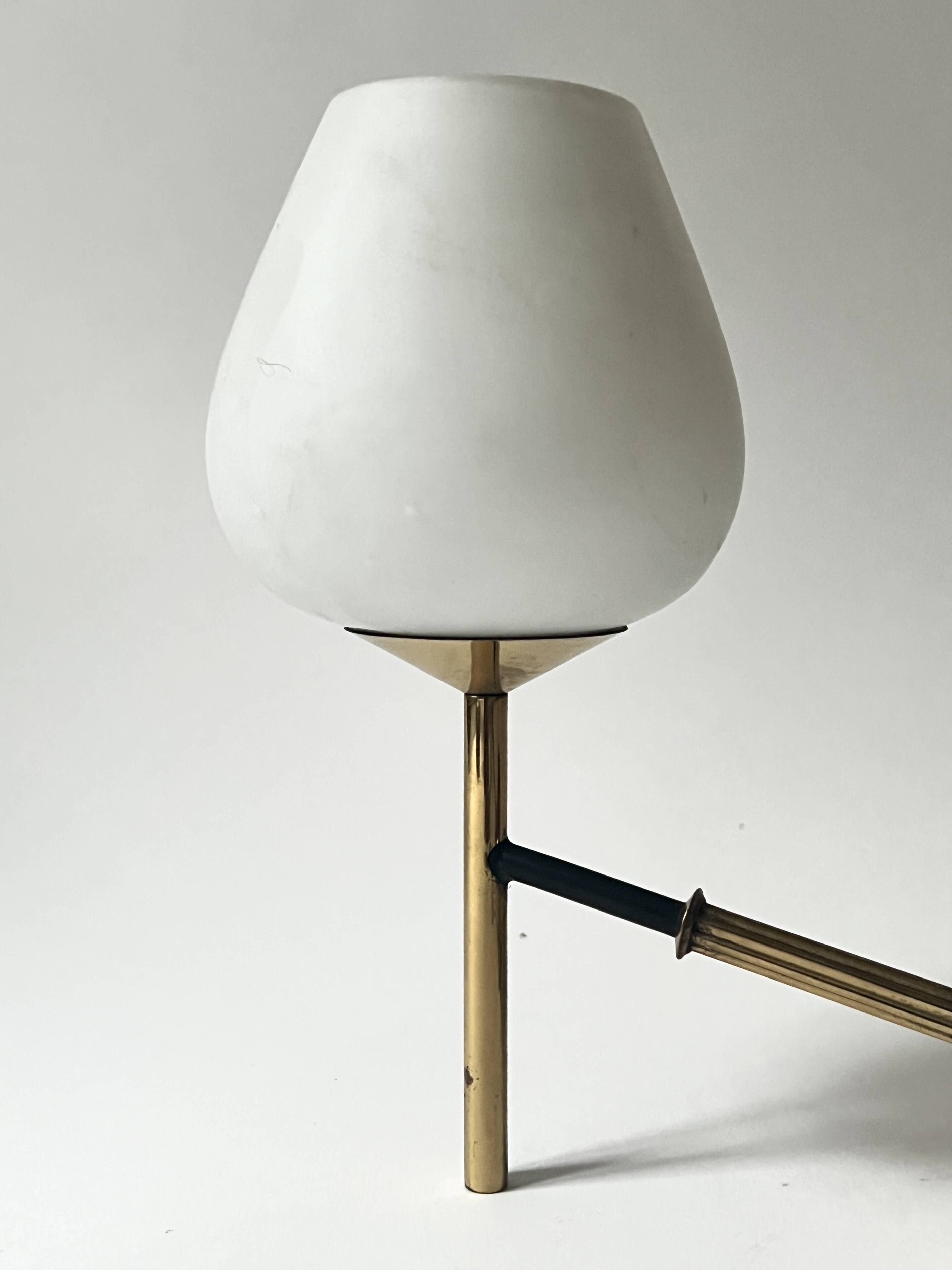 2 double wall lights in brass and white opaline glass, Arlus design 1950