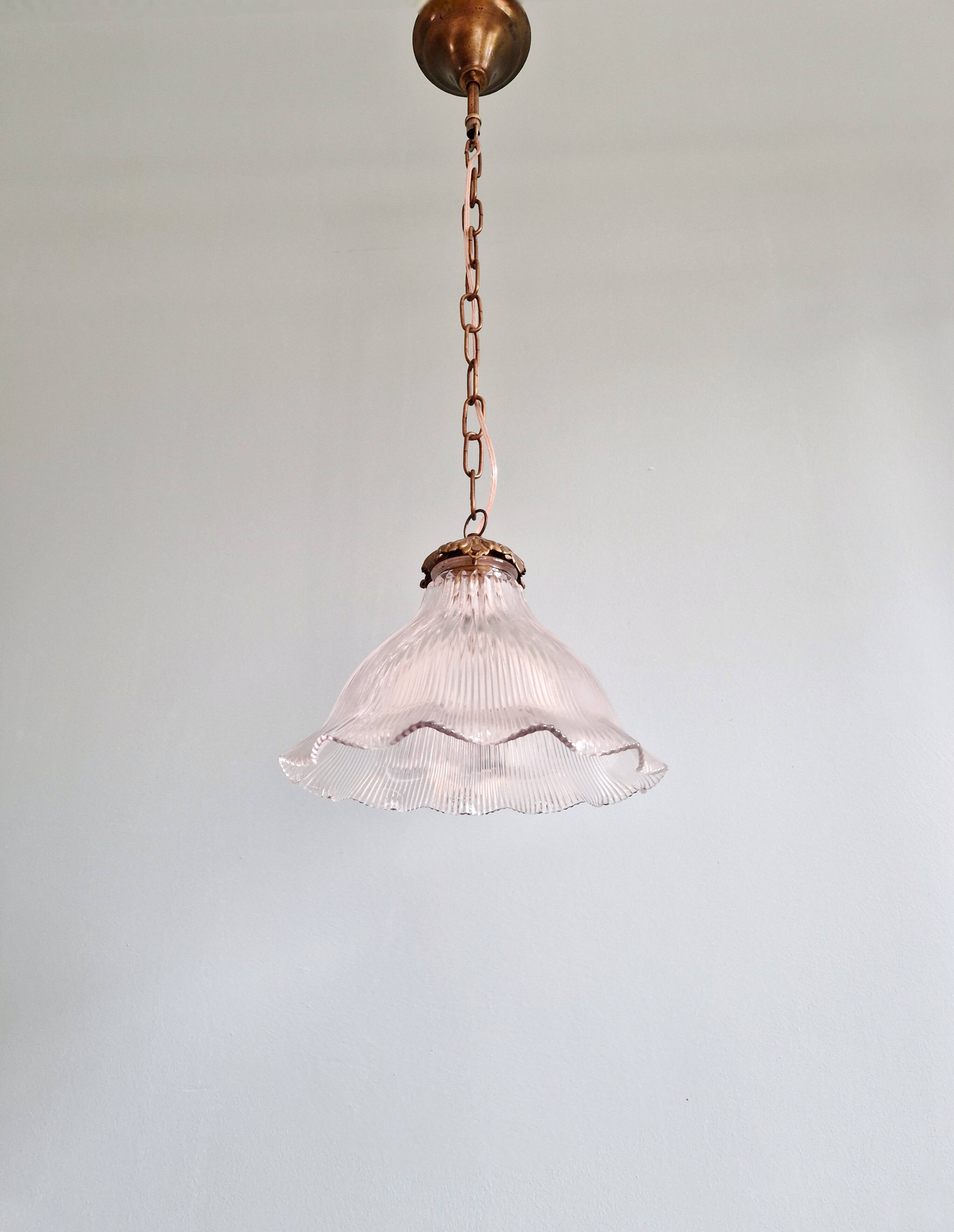 Suspension Holophane in ribbed transparent glass, 1930s