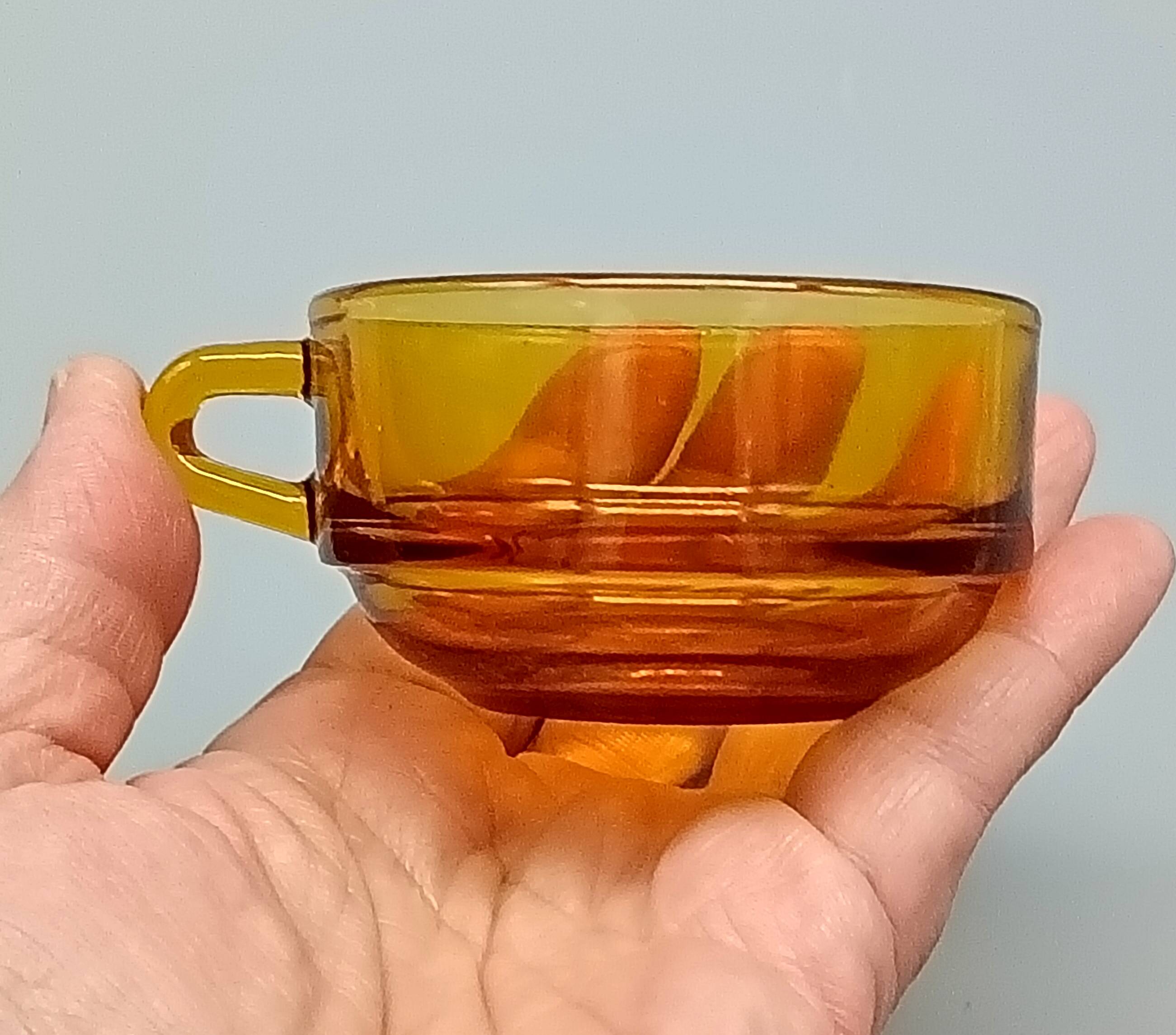 4 Duralex glass cups and saucers, amber color, France vintage