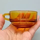 4 Duralex glass cups and saucers, amber color, France vintage