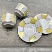 60s striped iridescent porcelain coffee service, 2 cups + 2 vintage saucers