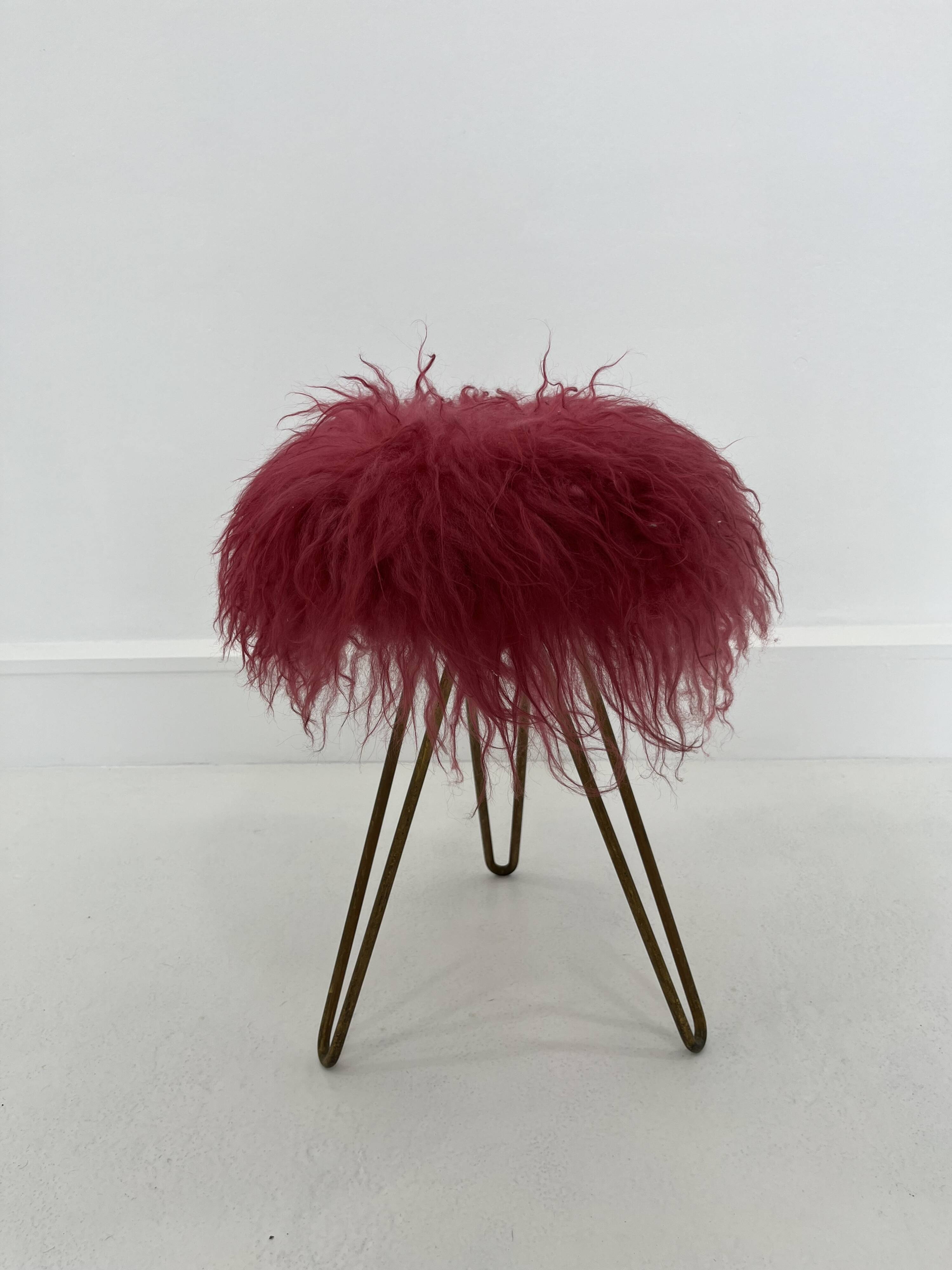 Midcentury Modern Red Flokati Stool, 1950