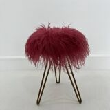 Midcentury Modern Red Flokati Stool, 1950