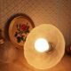 Pair of frosted glass flower pendant lights with vintage wood and brass