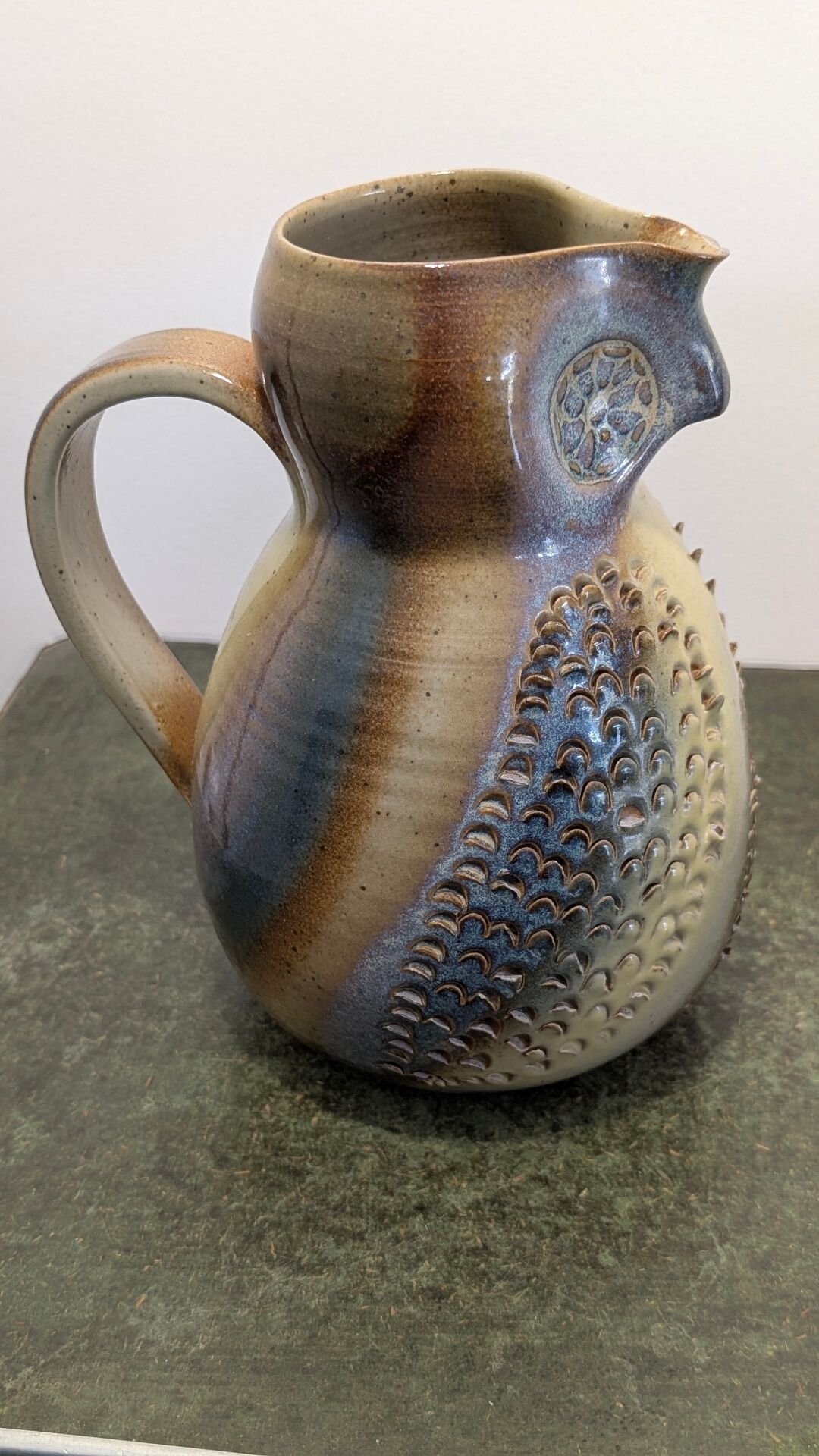 Glazed stoneware pitcher signed JM – Jean-Marie Delahaye – Relief decoration