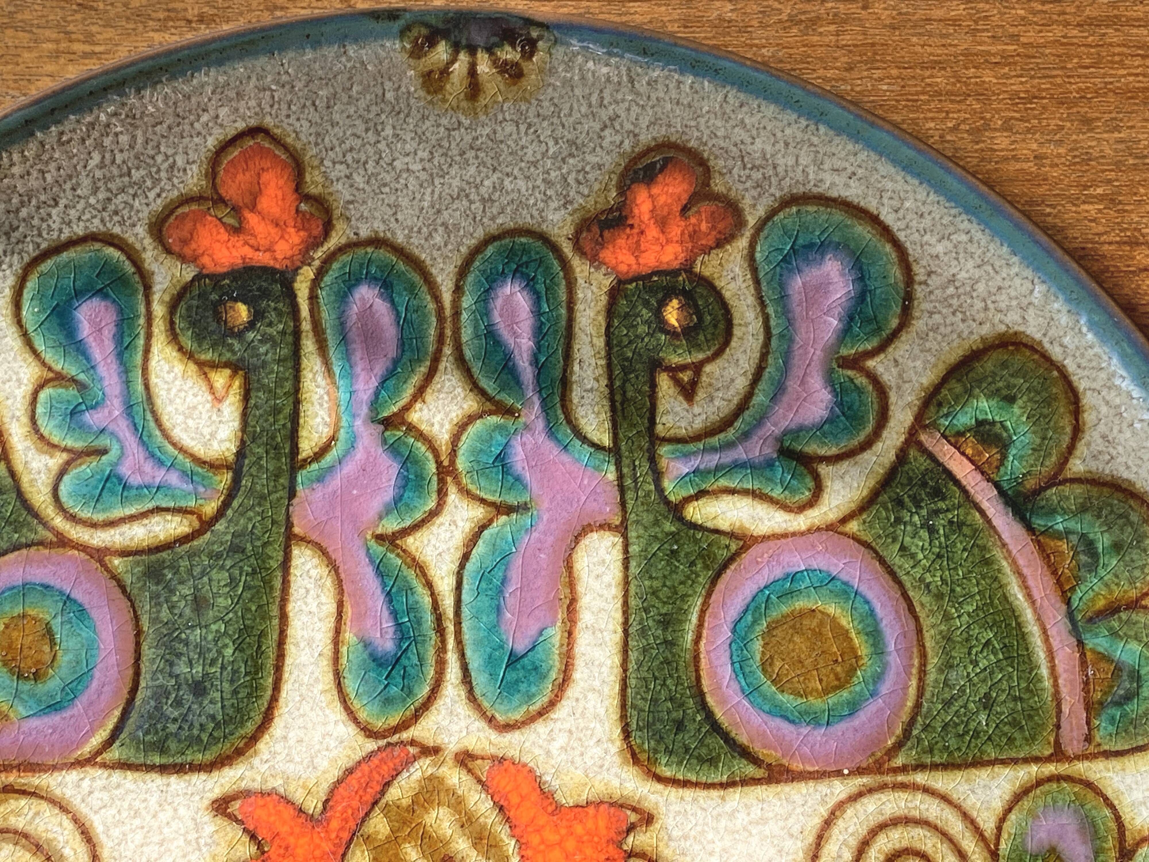 Vintage ceramic plate with peacock bird decoration.