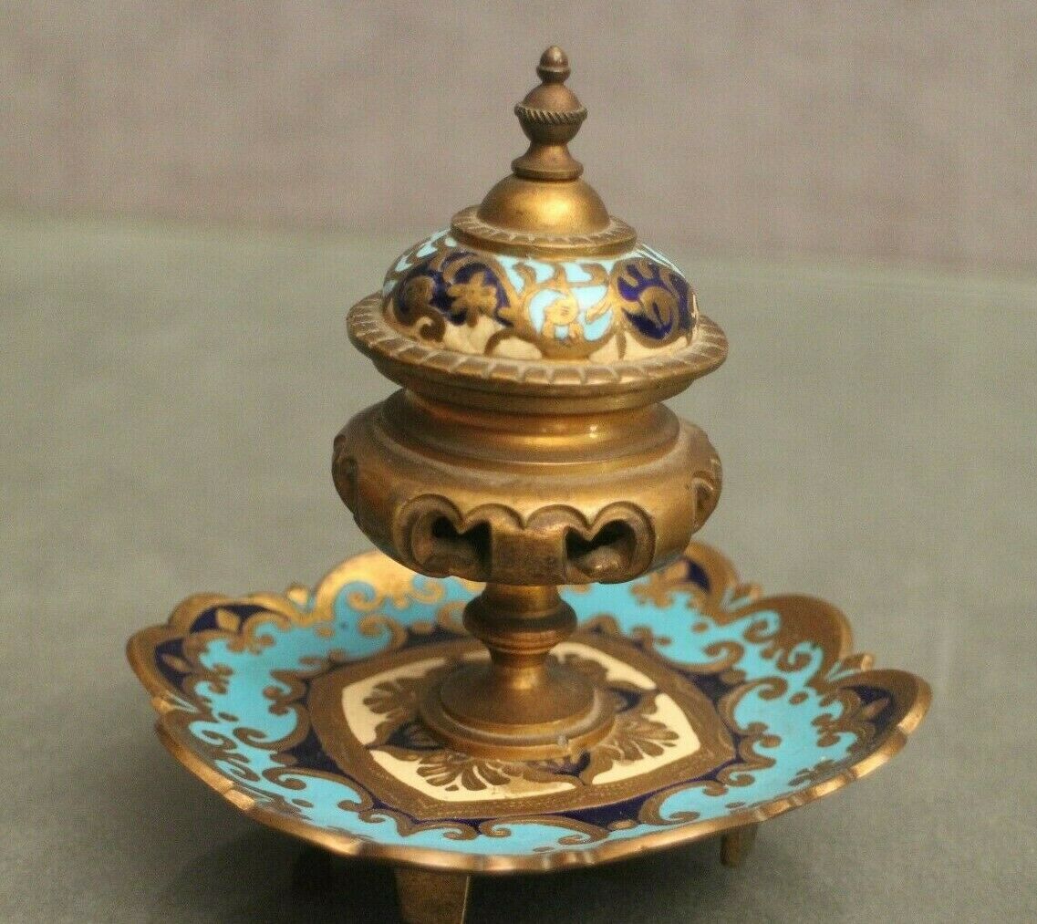 Enamel inkwell partitioned on bronze early 20th