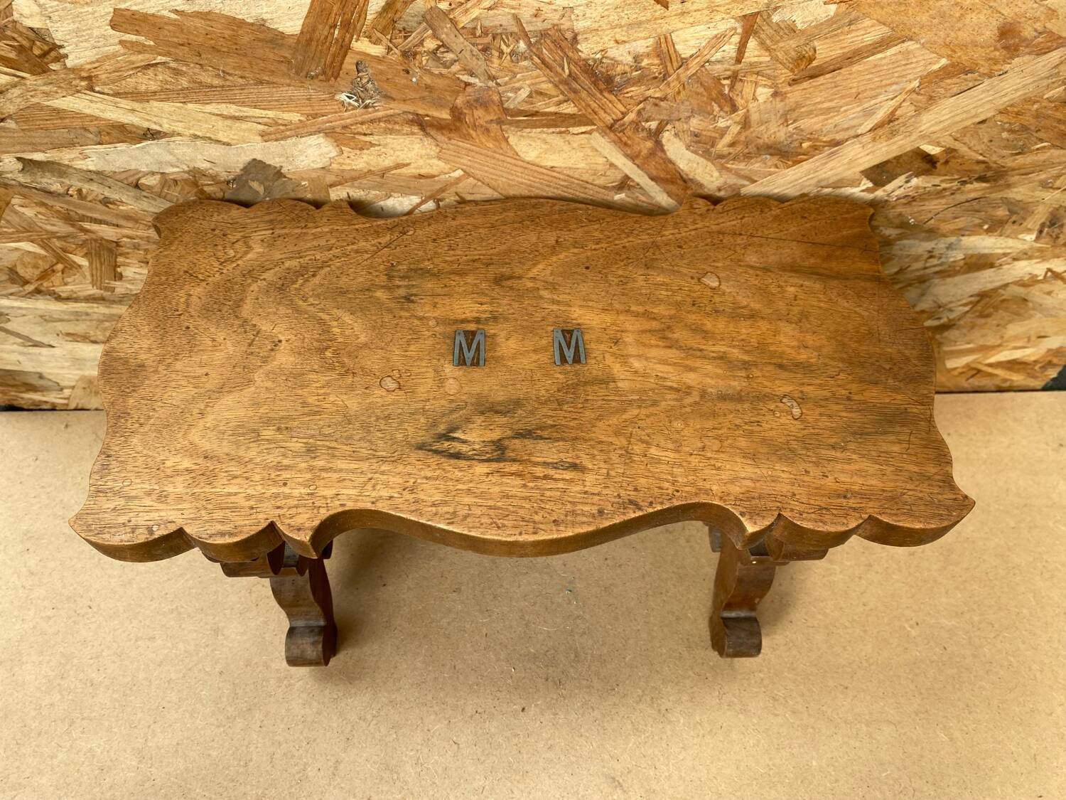 Antique Communion Bench Stool Carved Wood + Metal Monogram Early 20th Century