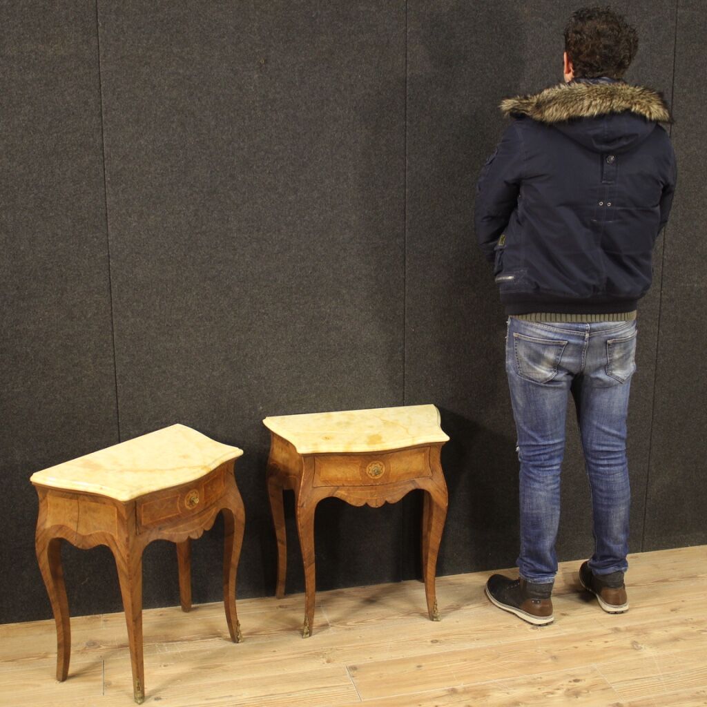 Pair of Italian inlaid bedside tables with marble top